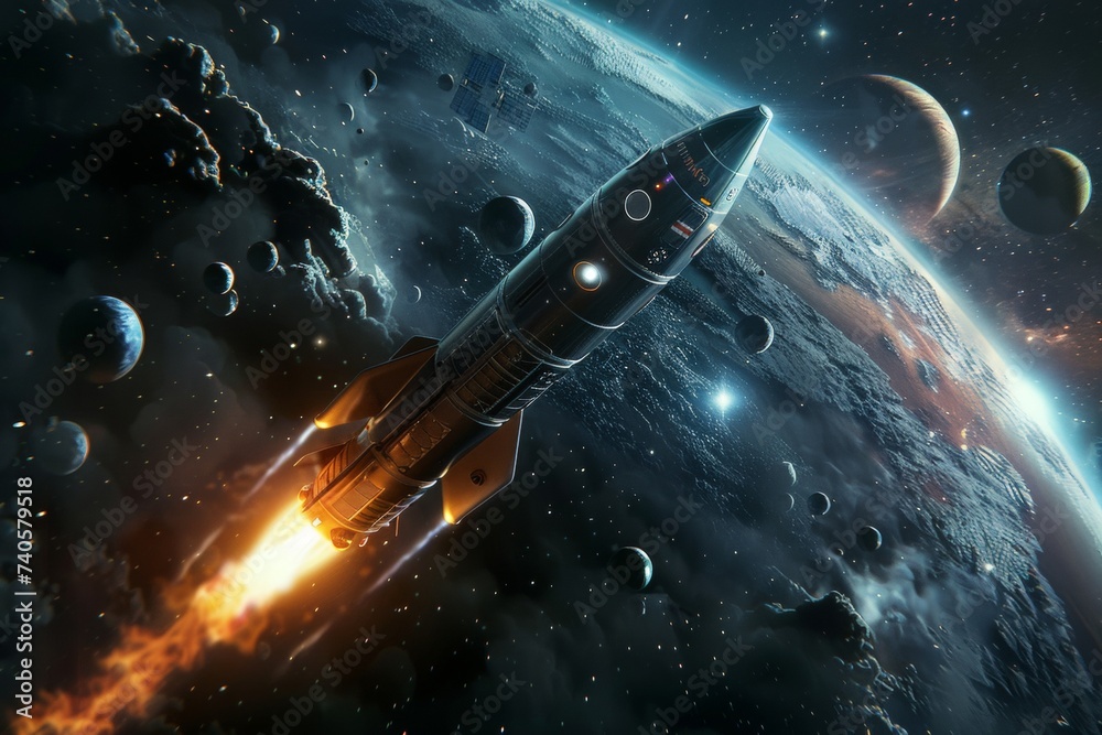 Poster flying rocket in space around the planets. spaceship launch. 3d rocket icon. realistic creative conc