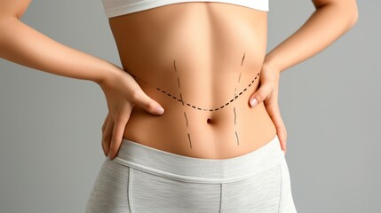 Close up of woman s fat body with belly fat pad and plastic surgery markers, obesity concept - obrazy, fototapety, plakaty