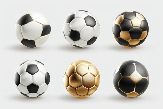 Soccer ball set. Football balls set realistic 3D design style. Leather texture golden and white black colors. Isolated sports elements on white background.  illustration.