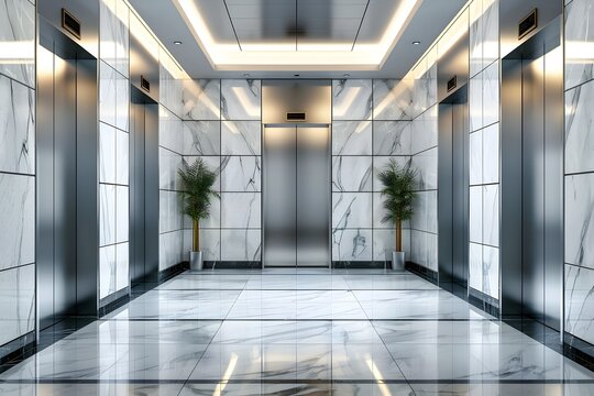 Futuristic Elevator in a Modern Marble Lobby