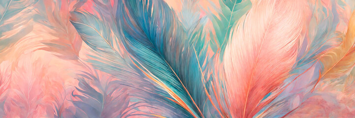 background texture with pastel feathers. Selective focus.