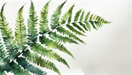 Watercolour of a fern on pure white background canvas, copyspace on a side