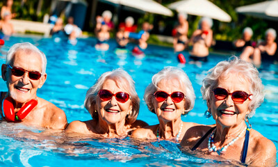 Obraz na płótnie Canvas elderly women doing water aerobics in the pool. Selective focus.