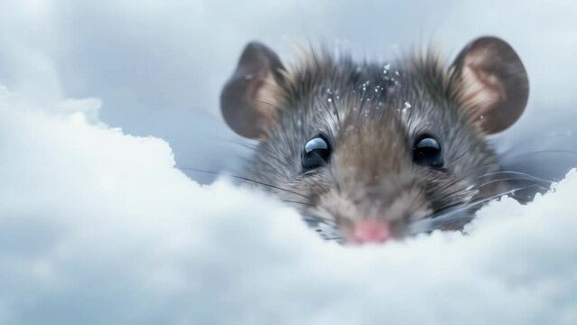 Detailed view of a curious rac its inquisitive eyes peeking out from a frosty snowdrift.