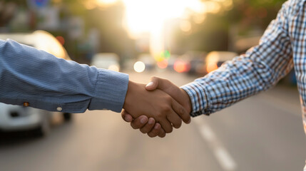 Fototapeta premium Handshake on the Street with Sunflare Background