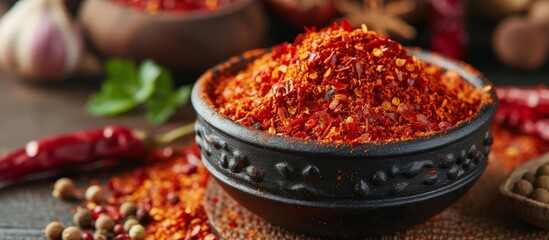 Aromatic red chili powder in a rustic bowl for spicy culinary dishes