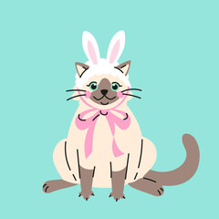 Cute cartoon siamese cat wears white bunny ears hat. Hand drawn vector illustration. Cool pet Easter character card template.