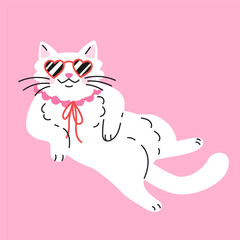 Cute cartoon white cat with heart shape sunglasses. Hand drawn vector illustration. Funny Valentine's day character card template.
