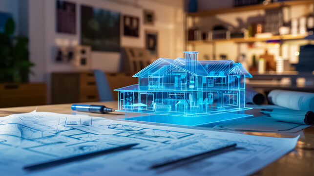 sur une table d'architecte, les plans d'une maison et son mod&egrave;le 3D qui apparait en hologramme