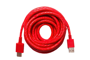 Coiled Red USB C lightning charging cable. Red USB isolated on PNG Background. Generative Ai.