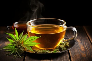 Cannabis infused tea in a cup with rising steam, ideal for text addition in a serene setting