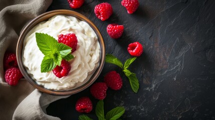 Fresh raspberries and yogurt on textured background, top view ideal for a healthy breakfast concept.