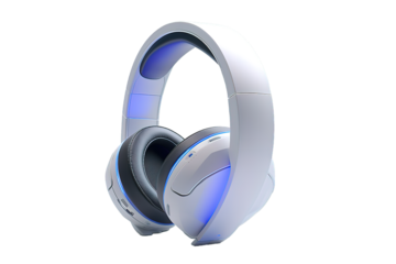White headphone with white center and blue trim isolated on PNG Background. Generative Ai.