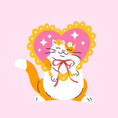 Cute cartoon white and orange fat cat with red bow in heart shape frame. Hand drawn vector illustration. Funny Valentine's day character card template.