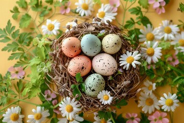 Obraz premium Happy Easter Eggs Basket denim blue. Bunny hopping in flower easter treat bags decoration. Adorable hare 3d rose lilac rabbit illustration. Holy week easter hunt Floral card typographic area