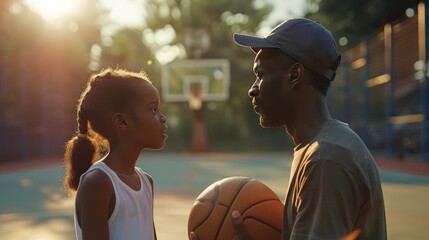 African American father and daughter sharing a moment on a basketball court at sunset, Joint family game leisure