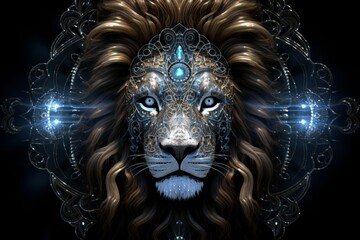 Astrological zodiac sign leo shining in blue on black background, horoscope and astrology concept.