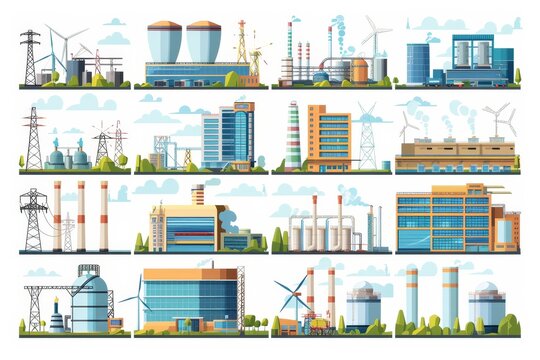Set of sustainable illustrations. Clean, green factories powered by renewable energy sources. ECO, SOC, and CGR concepts.  illustrations.