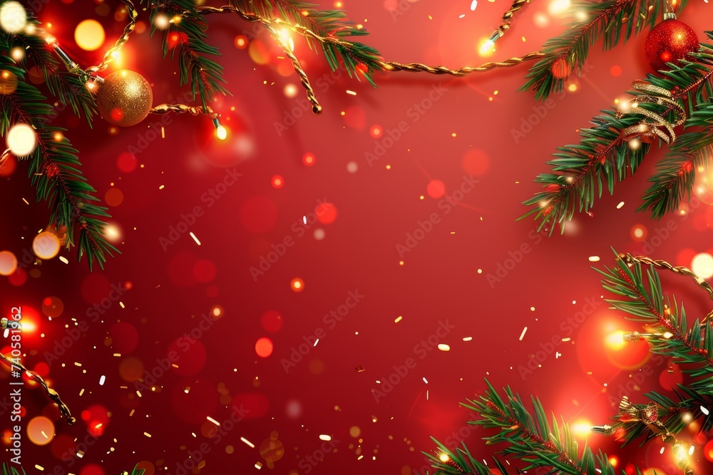 Aufkleber border with fir branches and ornaments elements on red background. realistic 3d design. light garlan