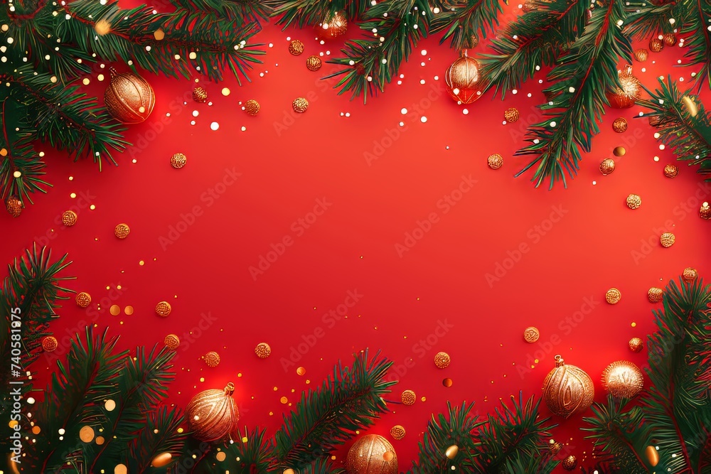 Aufkleber a christmas border with fir branches and ornaments on red background. realistic 3d design. festive l