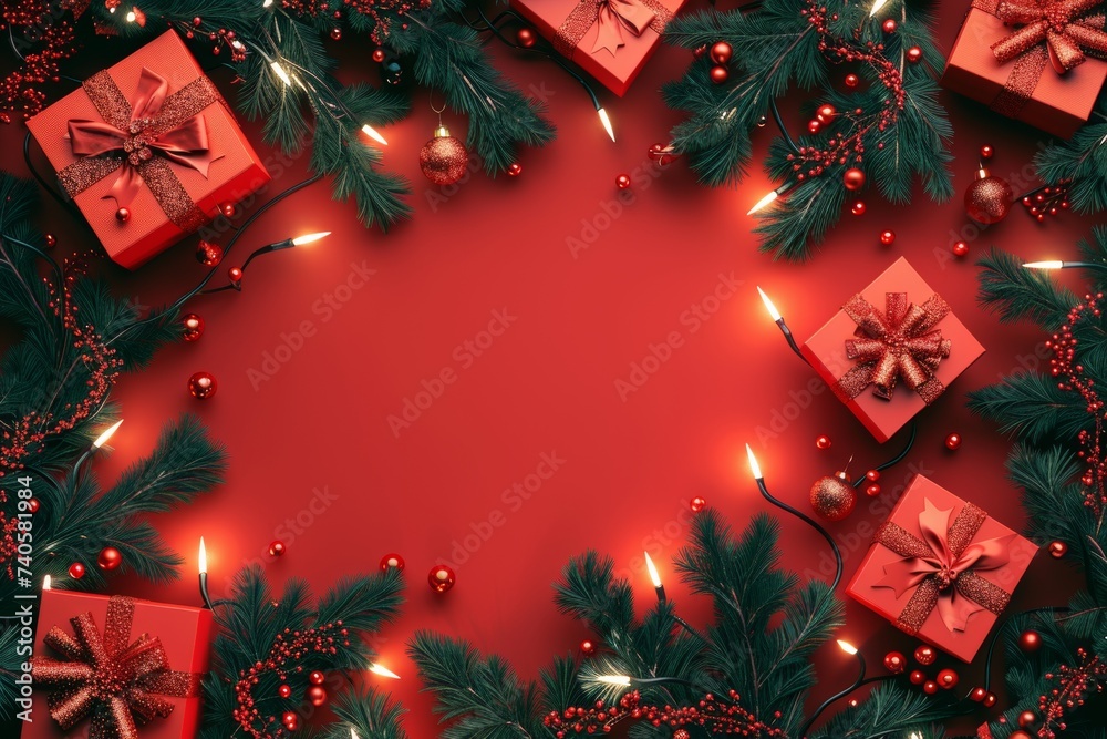 Aufkleber xmas red background with realistic 3d decorative design elements. festive xmas composition flat top 