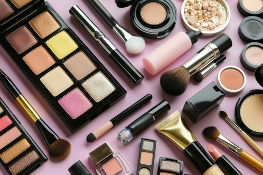 A variety of makeup products and brushes on a pink surface , generated by AI