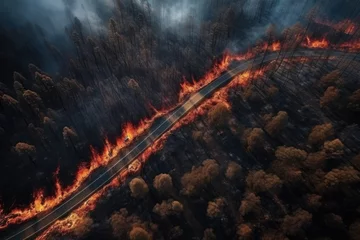 Fotobehang Hot summer weather with extreme fire in forests, aerial view over car road Generative Ai. © annamaria