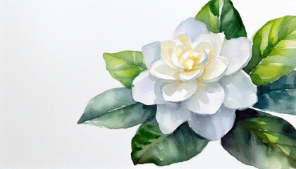 Watercolour of a gardenia on pure white background canvas, copyspace on a side