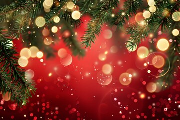 The border of a Christmas decoration is decorated with golden glitter confetti and sparkles of lights blurred with bokeh on a red background. The design of this border is ideal for Christmas and New