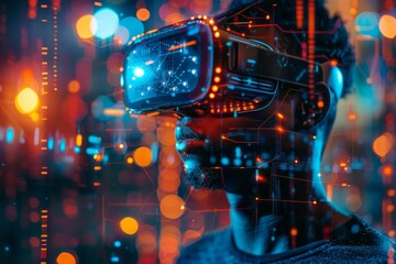 Man using virtual entertainment with virtual reality goggles. Generative AI