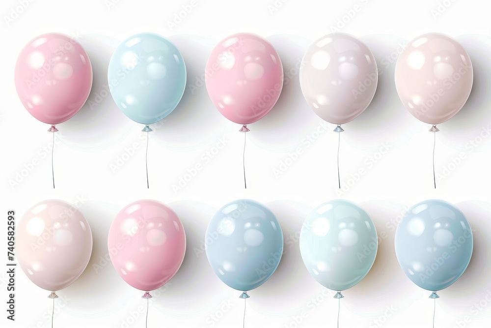 Poster helium balloons set in soft pastel colors. festive decoration element in realistic 3d design. availa