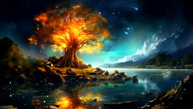 Mother Tree's Glow: Night Serenity with the Fantasy Illumination on the Lake. Cozy Atmosphere Seamless looping 4k time-lapse virtual fantasy animation background