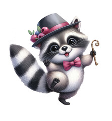 Cheerful, funny raccoon in a hat. Watercolor illustration on white background