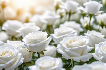White roses bunch, blurred bokeh background. Defocused space for text placement. Horizontal panoramic banner. Fresh blossoming delicate rose frame, flowers festive floral card, selective focus, toned
