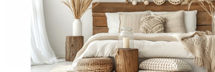 Fototapeta na wymiar Cozy modern beige bedroom interior with bed headboard, linen bedding, and natural decorations