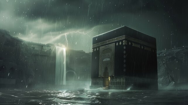 moment of stillness and reflection is captured as water surrounds the Kaaba, with dark clouds indicating an approaching or receding storm