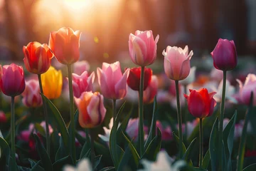 Fotobehang A field of tulips in different color with warm sun light on background, epic cinematic view © Andrii Fanta