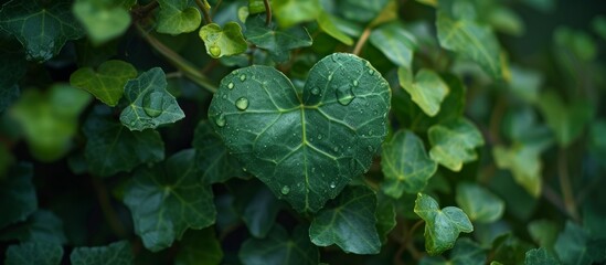 A closeup image of a watercovered green leaf from a terrestrial plant, possibly a leaf vegetable or herb, used for food production or groundcover