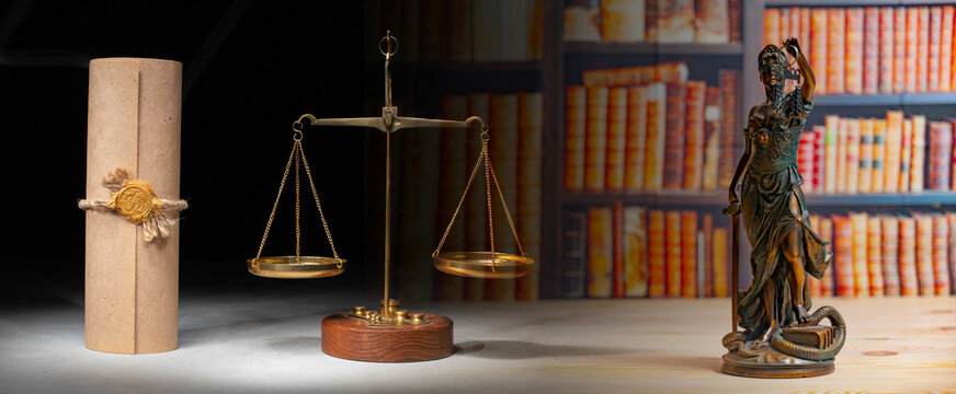 Collage libra and stamp on testament and last will Statue of Justice with scales close-up against the backdrop of a wall of books or a library