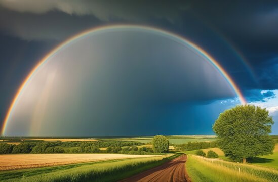 Rainbow over stormy sky. Rural landscape with rainbow over dark stormy sky in a countryside at summer day