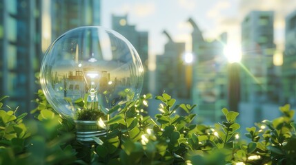 Eco-friendly Energy Concept with Light Bulb and Greenery in Urban Setting, Energy consumption and CO2 gas emissions are increasing light bulb with green eco city - Powered by Adobe