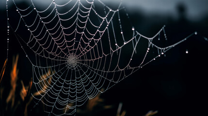 Dewdrops glistening on spiderweb at dawn