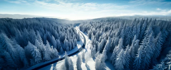 Papier Peint photo Lavable Route en forêt Winding road through snowy forest in winter wonderland