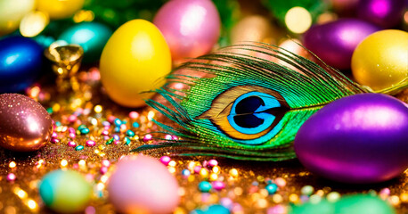 beautiful easter background with feathers. Selective focus.