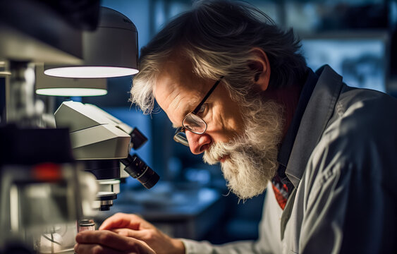 Senior scientist examining specimen under microscope in lab