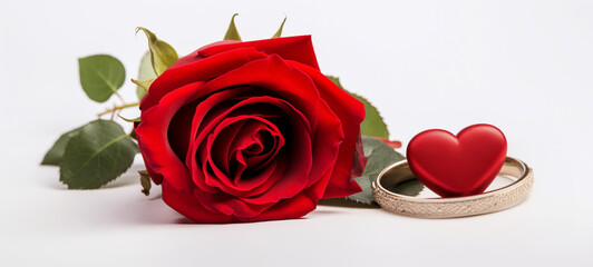 Red rose and heart with elegant gold ring on white background