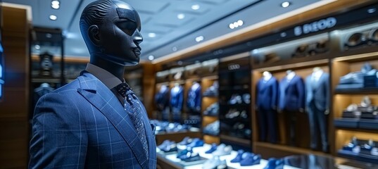 Stylish monochrome men s blue suit on mannequin in modern boutique with space for text placement