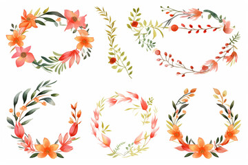 Fototapeta premium Watercolor Floral Collection: A collection of vibrant watercolor floral elements, showcasing intricate details and soft hues, perfect for adding a touch of natural elegance and charm to designs.