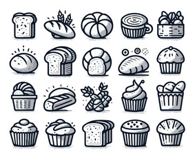 bread icons Set vector  Rye whole grain wheat pretzel muffin pita  ciabatta croissant bagel toast bread french baguette bakery.