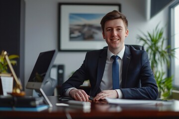 Portrait of young irish businessman inside office, boss in business suit smiling and looking at camera, experienced satisfied man at workplace at desk